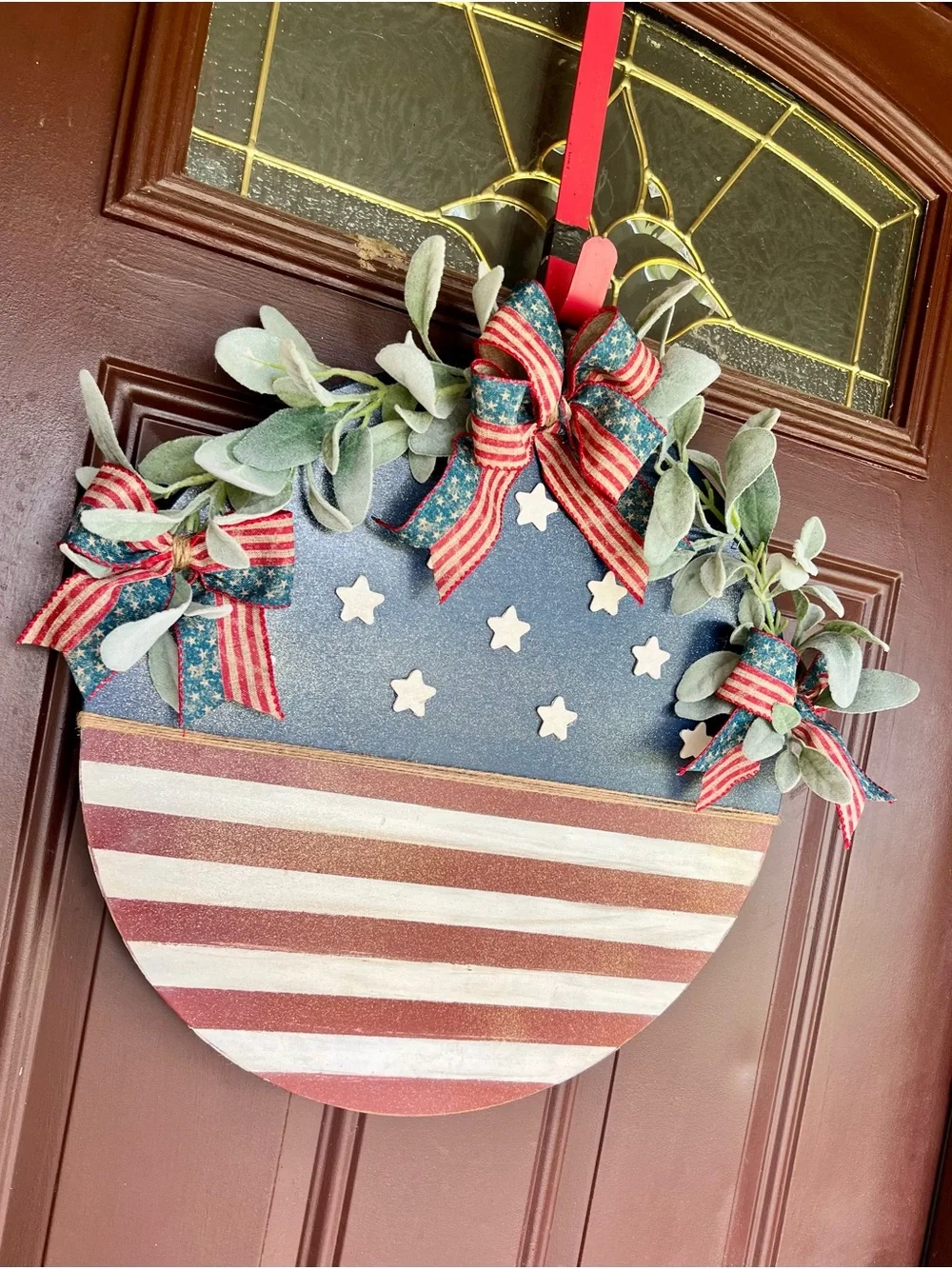 Door Hanger 18 In Round Wood Hand painted Patriotic 4th Of July Ribbon Red White